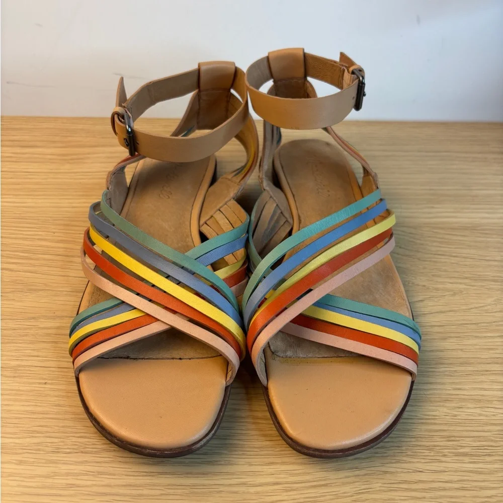 Madewell Sandals Boardwalk Strappy Rainbow Leather Flat Ankle Strap Women Size 9